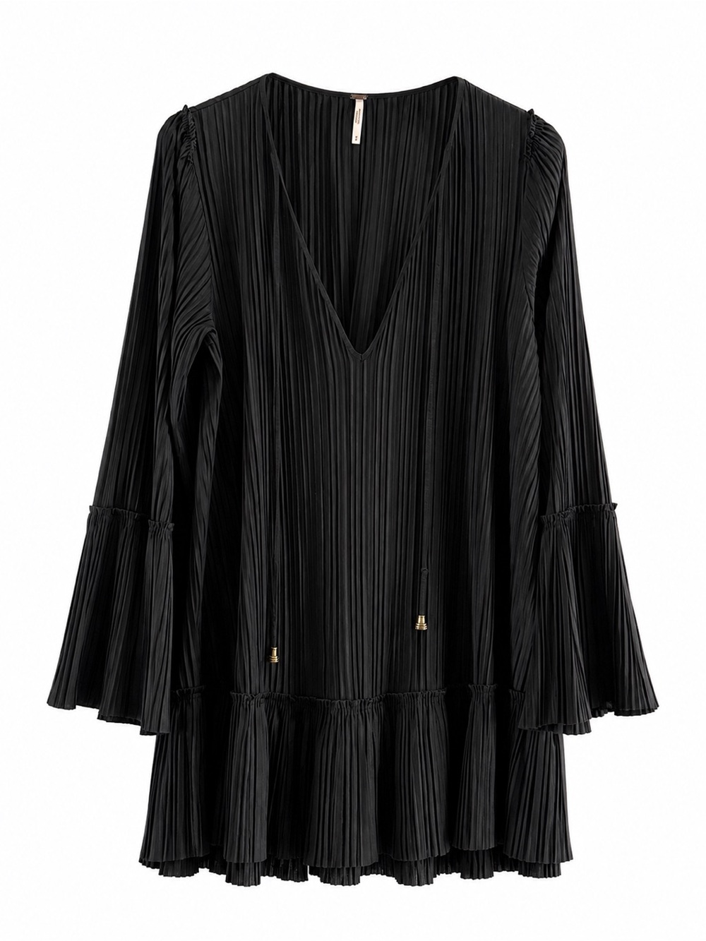Free People Can’t Help It Black Pleated Bell Sleeve Mini Dress M